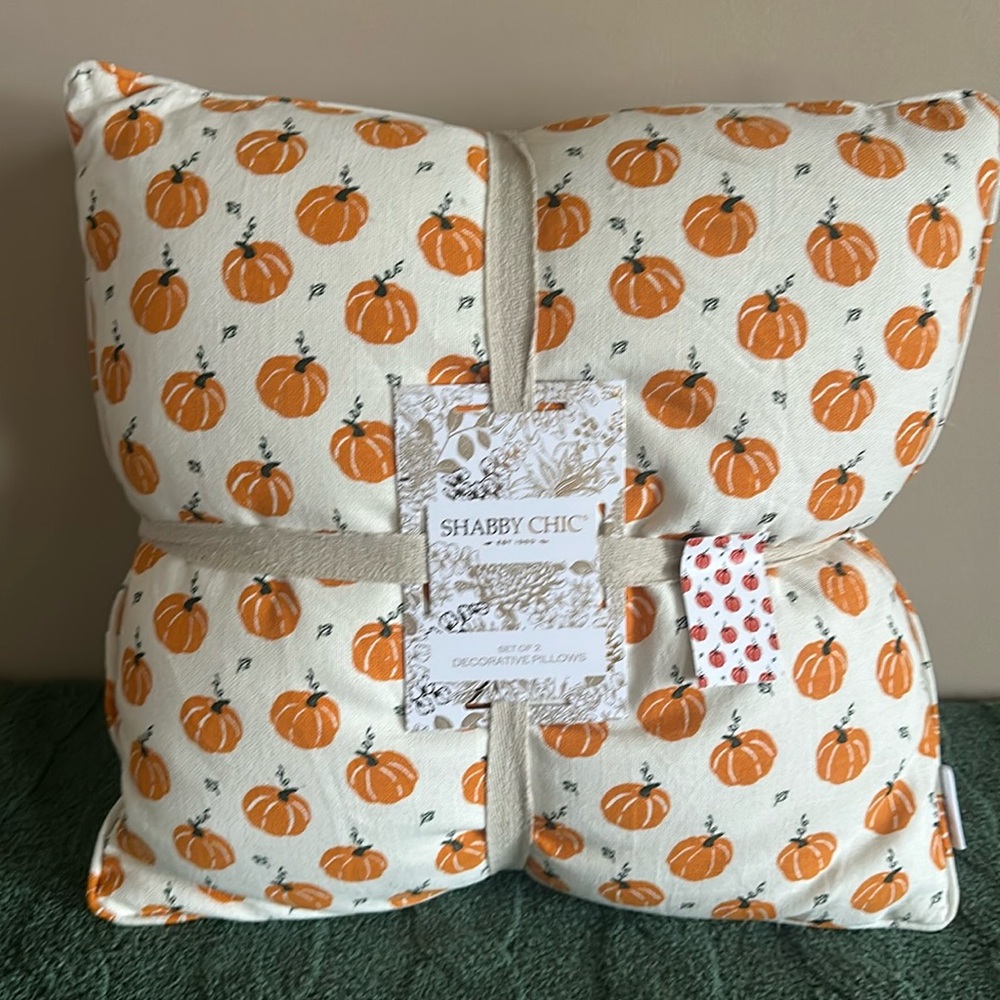 Shabby Chic Pumpkin Pillows 🎃 Farmhouse Orange Set of 2 NEW